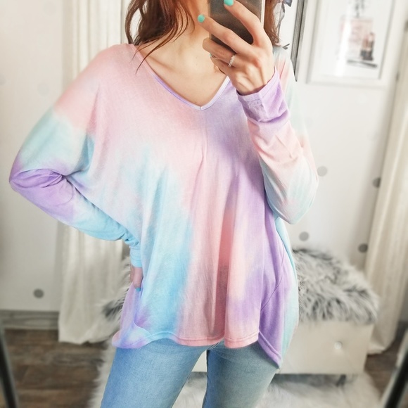 Lightweight Slub Knit Spring Top Tie Dye Dolman Top Pastel Tops - Picture 5 of 9